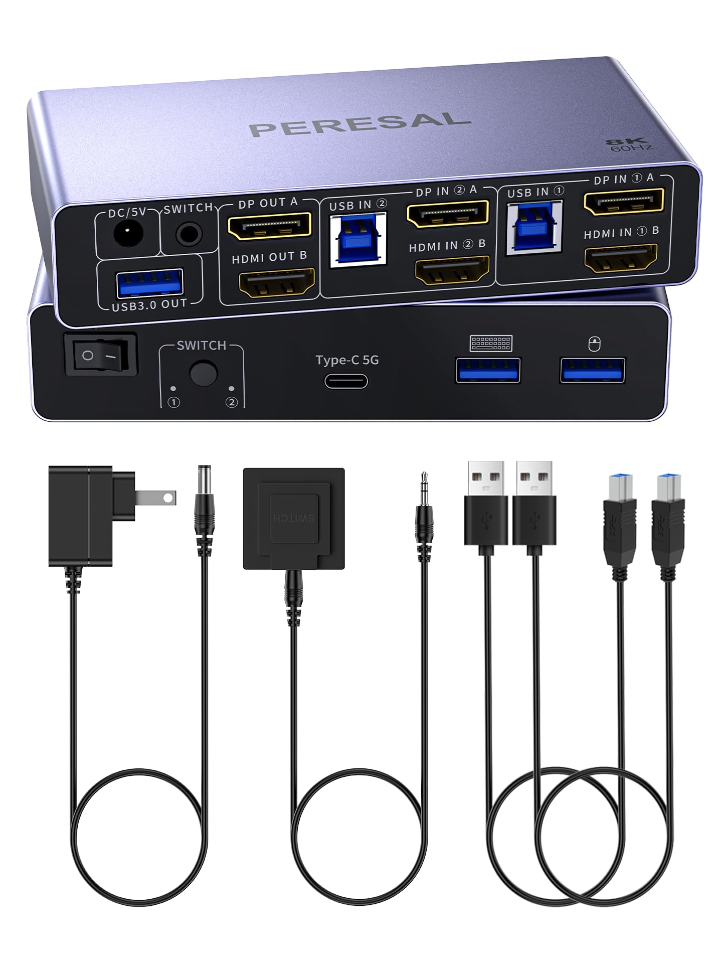 Photo 1 of PERESAL HDMI2.1+DP1.4 KVM Switch 8K60Hz 4K120Hz, 2 Monitors 2 Conputers, Share Mouse and Keyboard, U-Disk, Printer, 3 USB3.0 Ports 1 USB-C/Type-c Port 5Gbps
