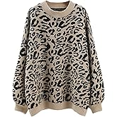 CORIRESHA Women's Casual Leopard Sweater Crewneck Dropped Shoulders Long Sleeve Animal Knit Top