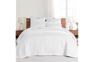 Levtex Home Cross Stitch Reversible King Bedspread Set (120x104in) with 2 Pillow Shams (36x20in) - Stitch Texture - Bright White - Cotton King Size Bedspread Set - Soft, Pre-Washed