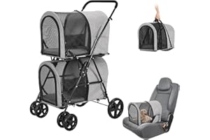 LPOTIUS Double Pet Stroller for Dogs and Cats with 2 Detachable Carrier, Quick-Folding Dog Stroller for Medium Small Dogs Cats, 4 Wheels, Light Gray