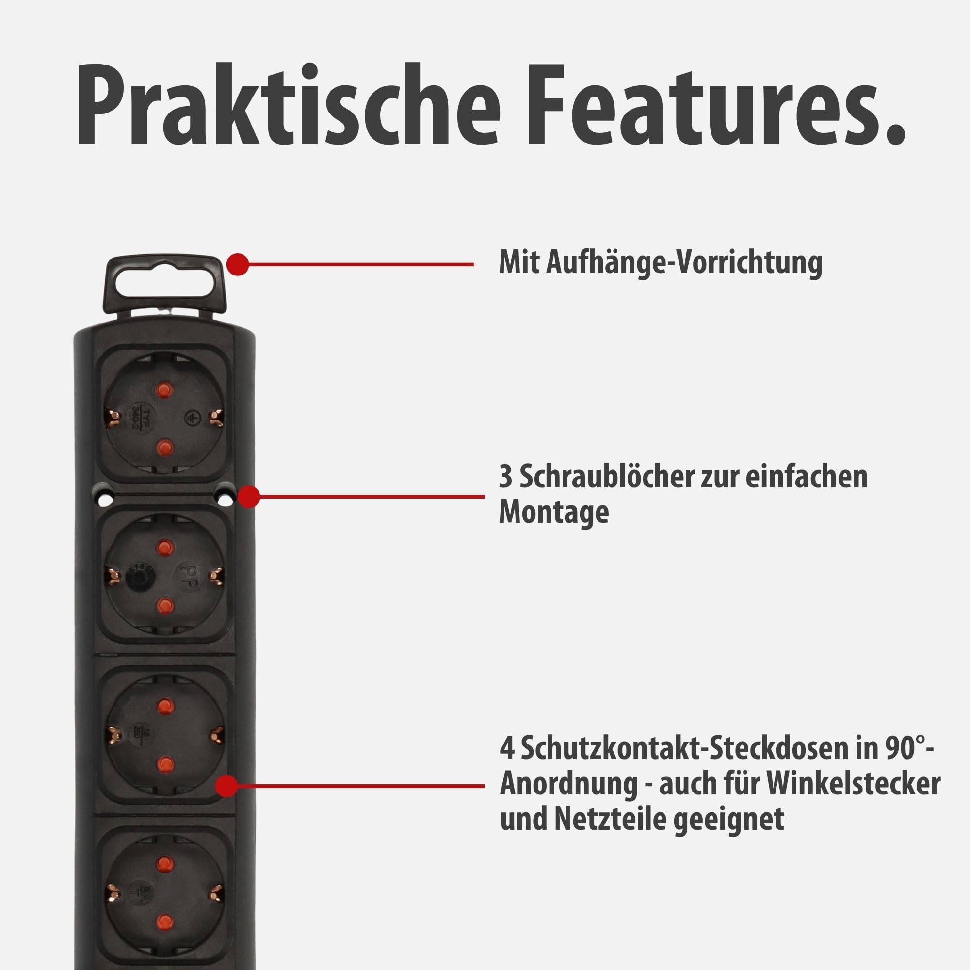 Brennenstuhl Comfort-Line Plus Steckdosenleiste 4-Fach (Mehrfachsteckdose mit Flachstecker, Schalter, 2m Kabel und extra breite Abstände der Steckdosen) schwarz 3
