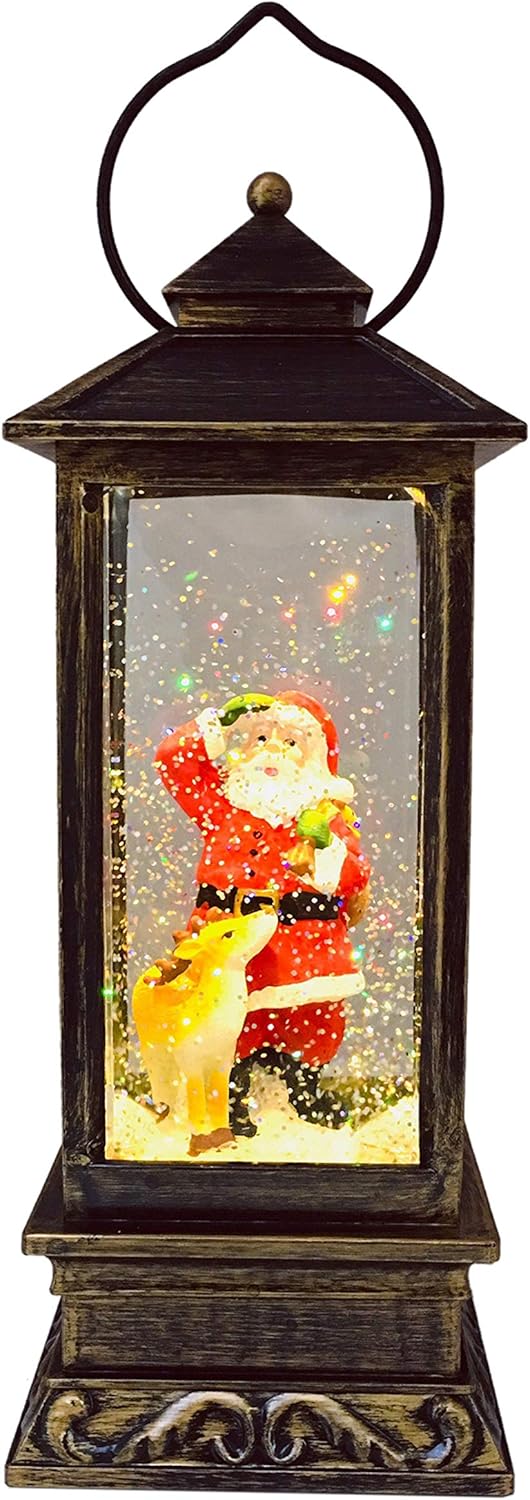 SPARKS Christmas Decorative Lanterns: Holiday Lighted Up Swirl Dome Snow Globe with Liquid Glitter. Christmas Lantern Snow Globe Santa Claus with Deer Home Christmas Decorations