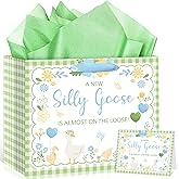 Innovoscape Silly Goose Baby Shower Gifts Bag for Baby Boys Girls with Wrapping Tissue Paper &amp; Card Large Blue Green Gingham Gender Neutral Present A New Silly Goose is on the Loose Party Supplies