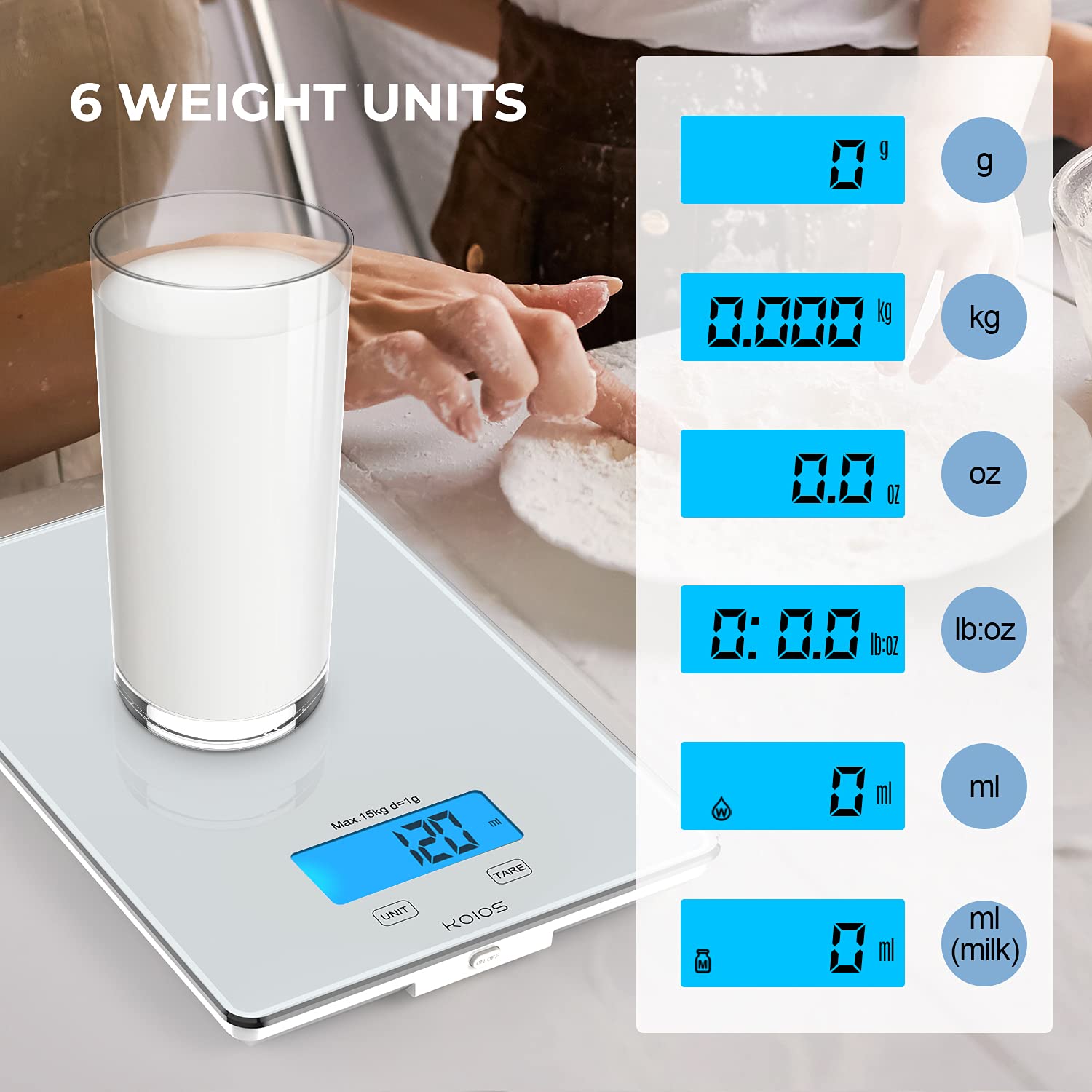KOIOS Kitchen Scale, 33lb/15kg Digital Food Scales Weight in Grams and Ounces for Cooking Baking, 1g/0.1oz Precise Graduation, Batteries and Type-C Charging, Tare Function, LCD Display, White