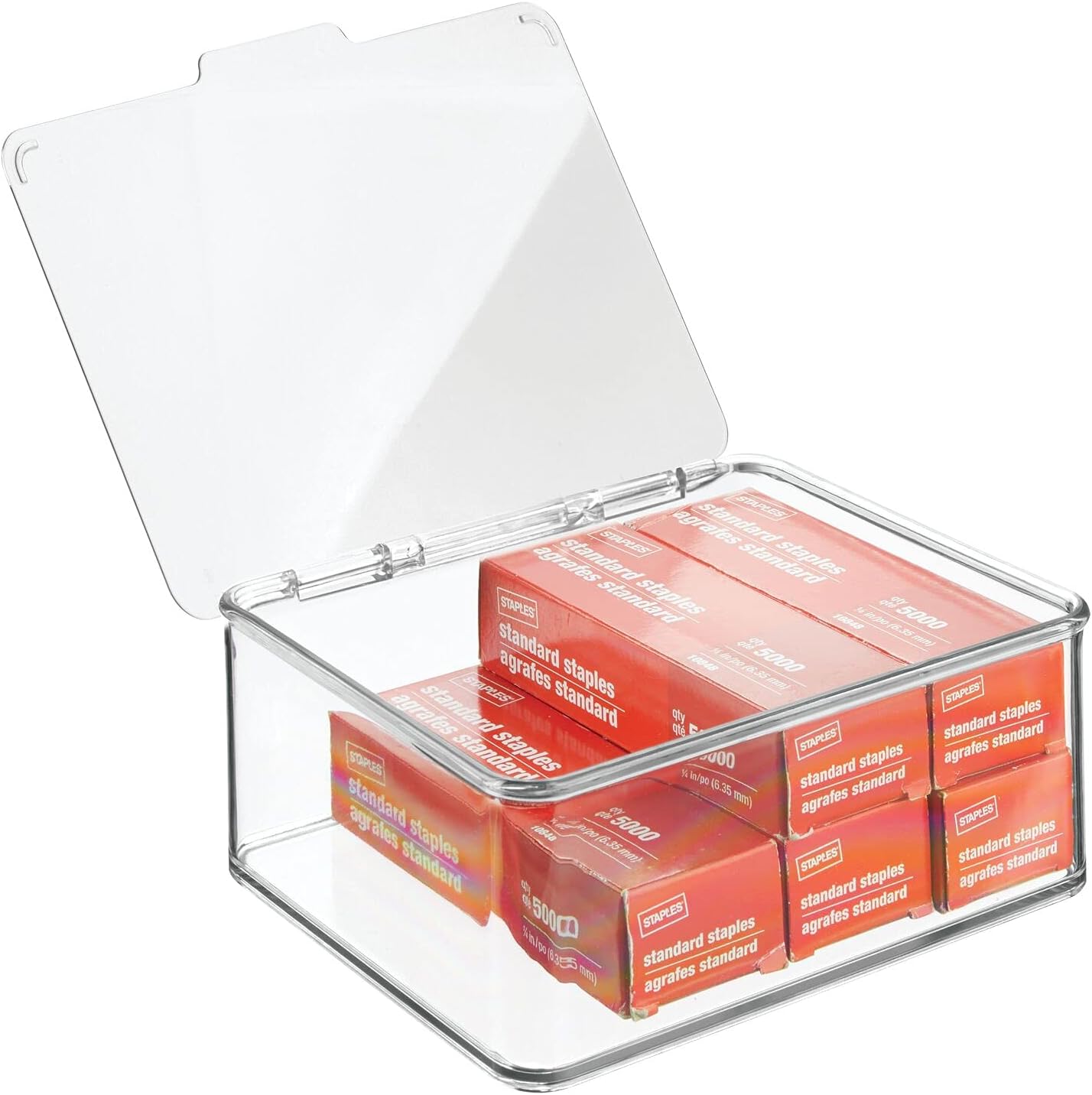 mDesign Small Mini Plastic Stackable Home, Office Supplies Storage Organizer Box with Attached Hinged Lid - Holder Bin for Note Pads, Gel Pens, Staples, Dry Erase Markers, Tape - 2 Pack - Clear : Office Products