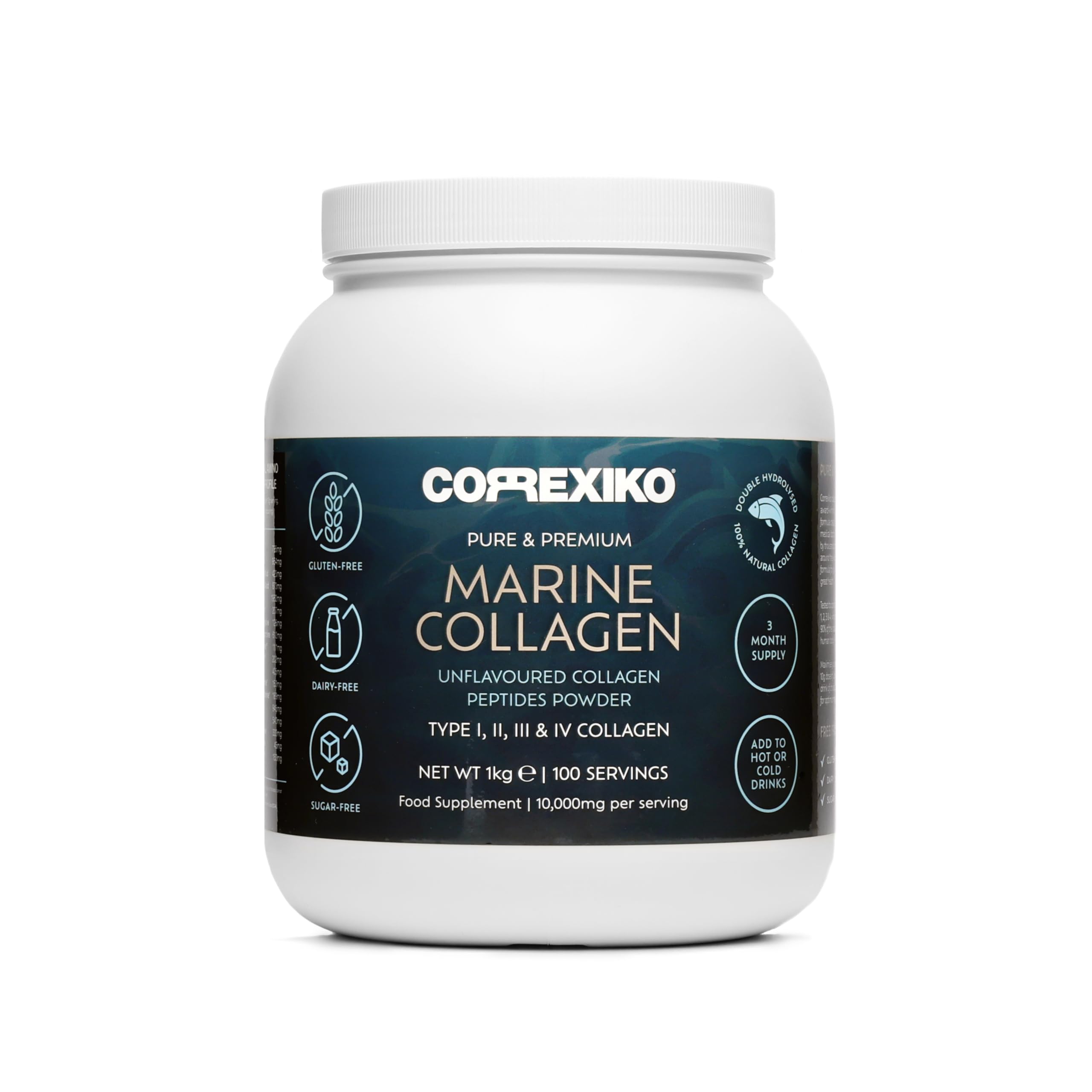CORREXIKO Marine Collagen Powder Supplement Unflavoured - 1kg, 100 Servings - 10,000mg Double Hydrolysed Collagen Peptides per Serving - Formulated for Maximum Absorption - for Hair, Skin & Nails — image 1