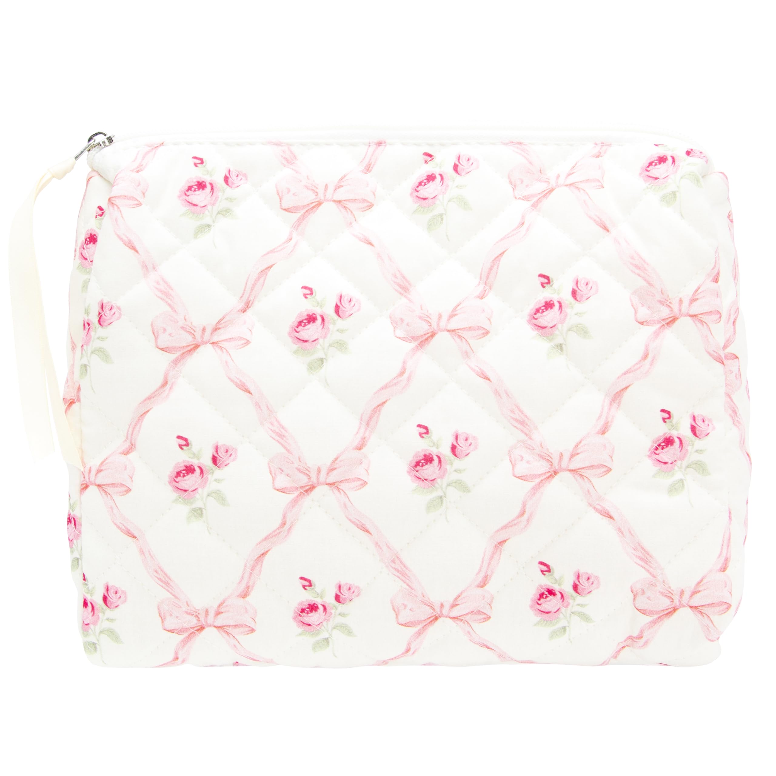 Photo 1 of PAZIMIIK Quilted Makeup Bag Large Travel Zipper Soft Cosmetic Pouch for Women Girls Make Up,Bow Rose