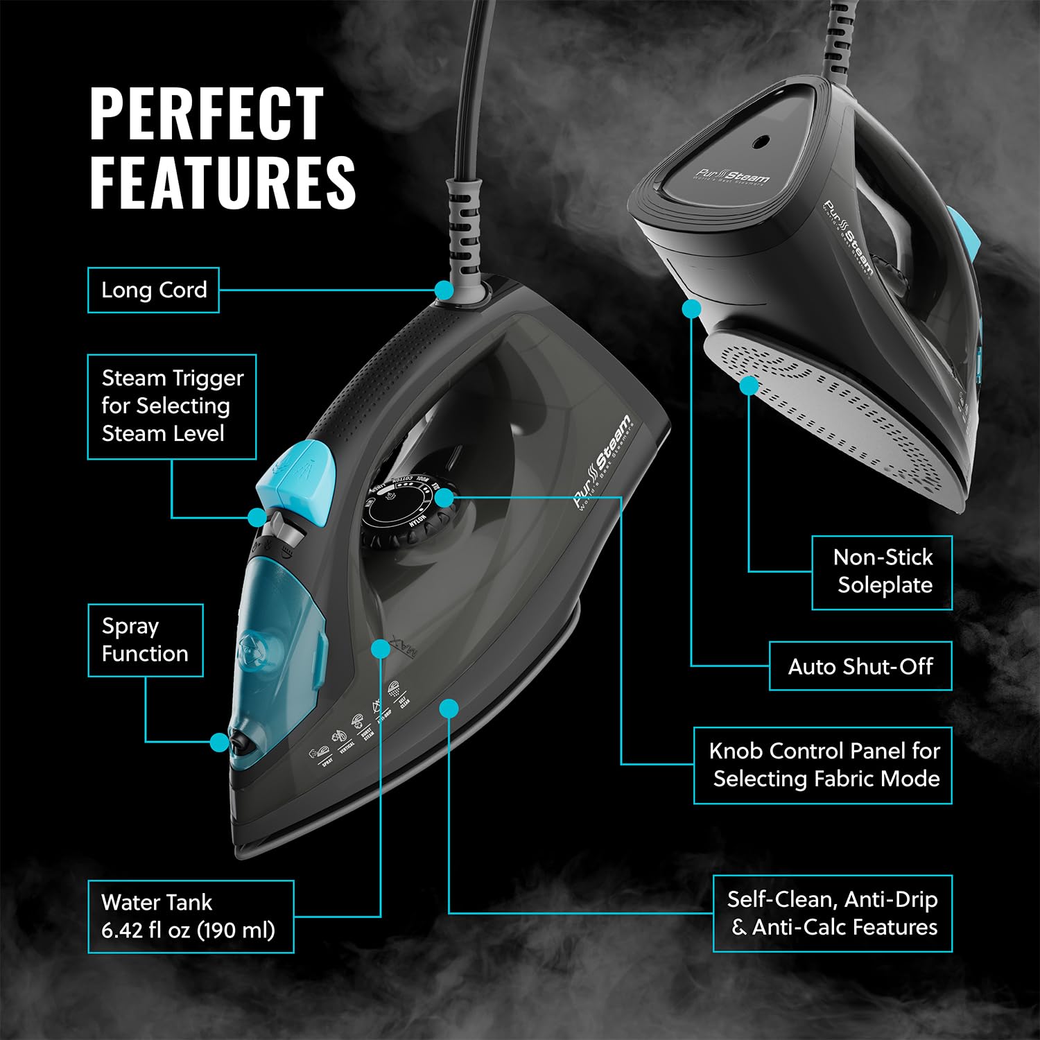 PurSteam Professional 1250W Steam Iron | Powerful Steamer with Burst of Steam & Spray | Non-Stick Soleplate, Easy Temperature Control & Auto Shut-Off