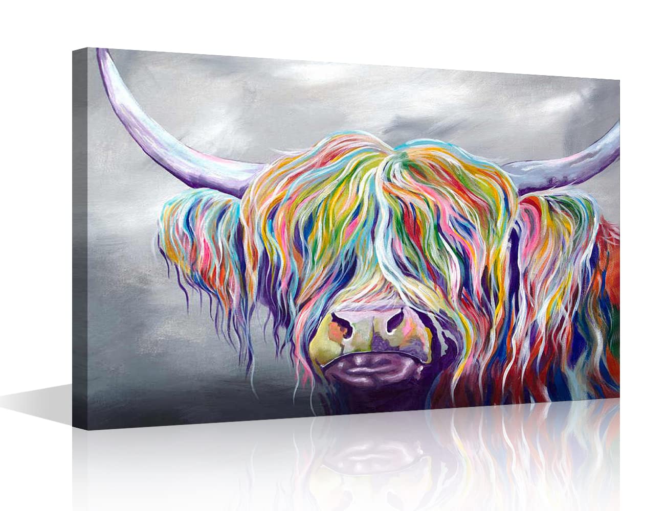 TISHIRON Colorful Bull Animal Canvas Oil Painting Wall Art Decor Modern Home Decor Canvas Print for Home Living Room Posters Prints Framed Ready to Hang - 16" W x 24" H