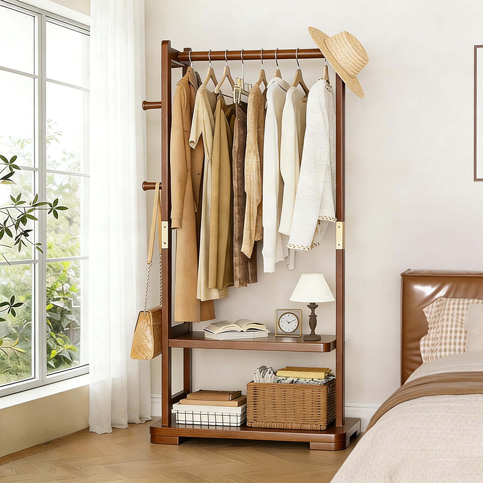 Photo 1 of Solid Wood Clothes Rack with 2 Shelves & 4 Hooks for Hanging Clothes Garment Wallets Hats, Clothing Rack Heavy Duty Coat Rack Freestanding with Storage Hall Tree for Hallway Bedroom Living Room