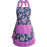 Alex Virtue Vintage Floral Apron for Women with Functional Pockets Adjustable Neck Strap for Cooking Baking Mother's Gift