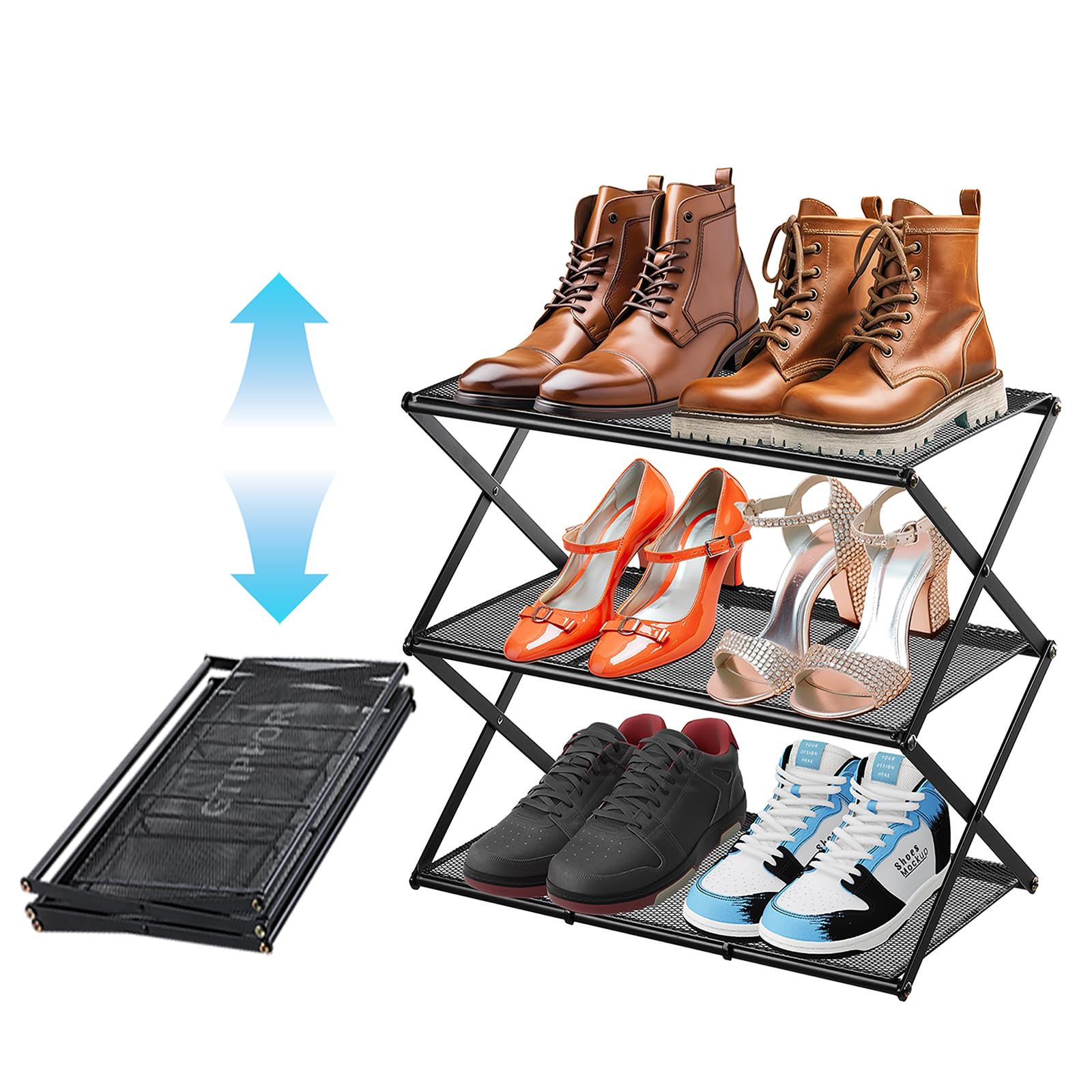 Photo 1 of Small Shoe Rack for Entryway - 3 Tier Shoe Organizer Metal Foldable Shoes Storage Rack, Zero Tool Install, Sturdy Shoe Rack for Closet, Front Door Entrance, Living Room - Space Saving, Black