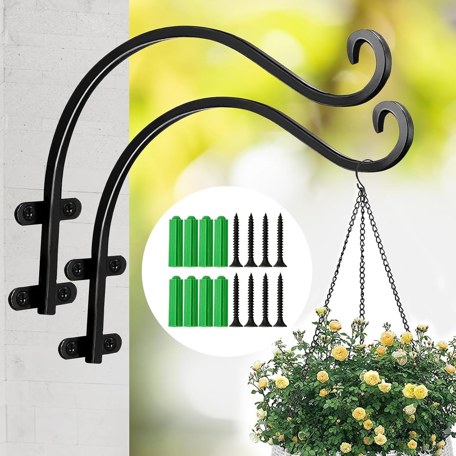 Outdoor Hanging Brackets - Rkyfoe 12 Inch Plant Hangers Outdoor 2 Pack Black, Heavy Duty Plant Hanging Bracket Hook for Flowers Baskets Planter Pots Bird Feeder Lanterns Wind Chimes Outdoor Indoor