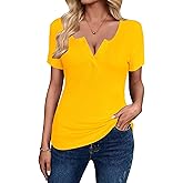 Afibi Women's Short Sleeve V Neck Ribbed Knit Button T Shirts Henley Slim Fit Summer Tops
