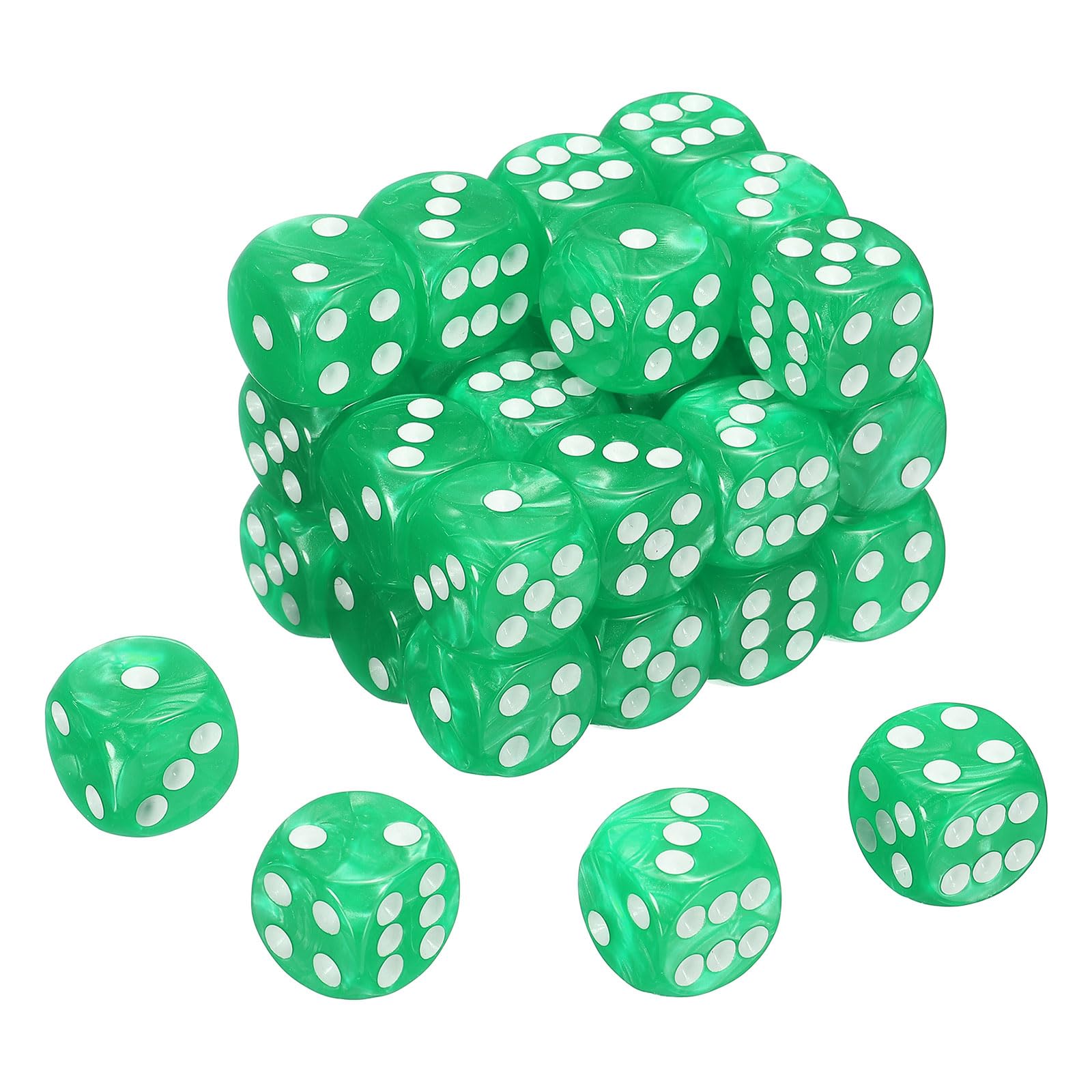 sourcing map 36Pcs 6 Sided Colored Standard Dice, 16mm Acrylic D6 Mini Polyhedral Pearl Pattern Game Dice Set for Table Games, Light Green/White Point