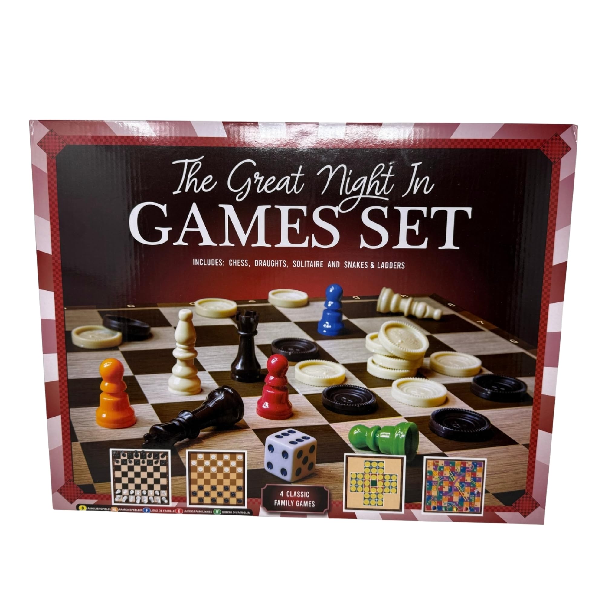 Classic Games Compendium | Collection of Classic Family Board Games Classic Family Game Set 4 In 1 Board Games: Chess, Draughts, Solitaire, and Snakes & Ladders – Fun for All Ages HTUK