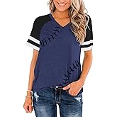 Sunidol Womens Baseball Tees Baseball Printed Short Sleeve V Neck Colorblock Casual Raglan Baseball Mom T-Shirt