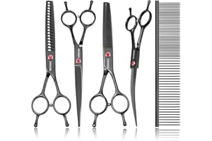 TOPGOOSE Dog Grooming Scissors Kit, Professional 6 in 1 Pet Scissors Sharp Shears Set - Straight, Thinning, Chunker, Curved Shears and Comb for Long Short Hair for Dog Cat (Set, Black)