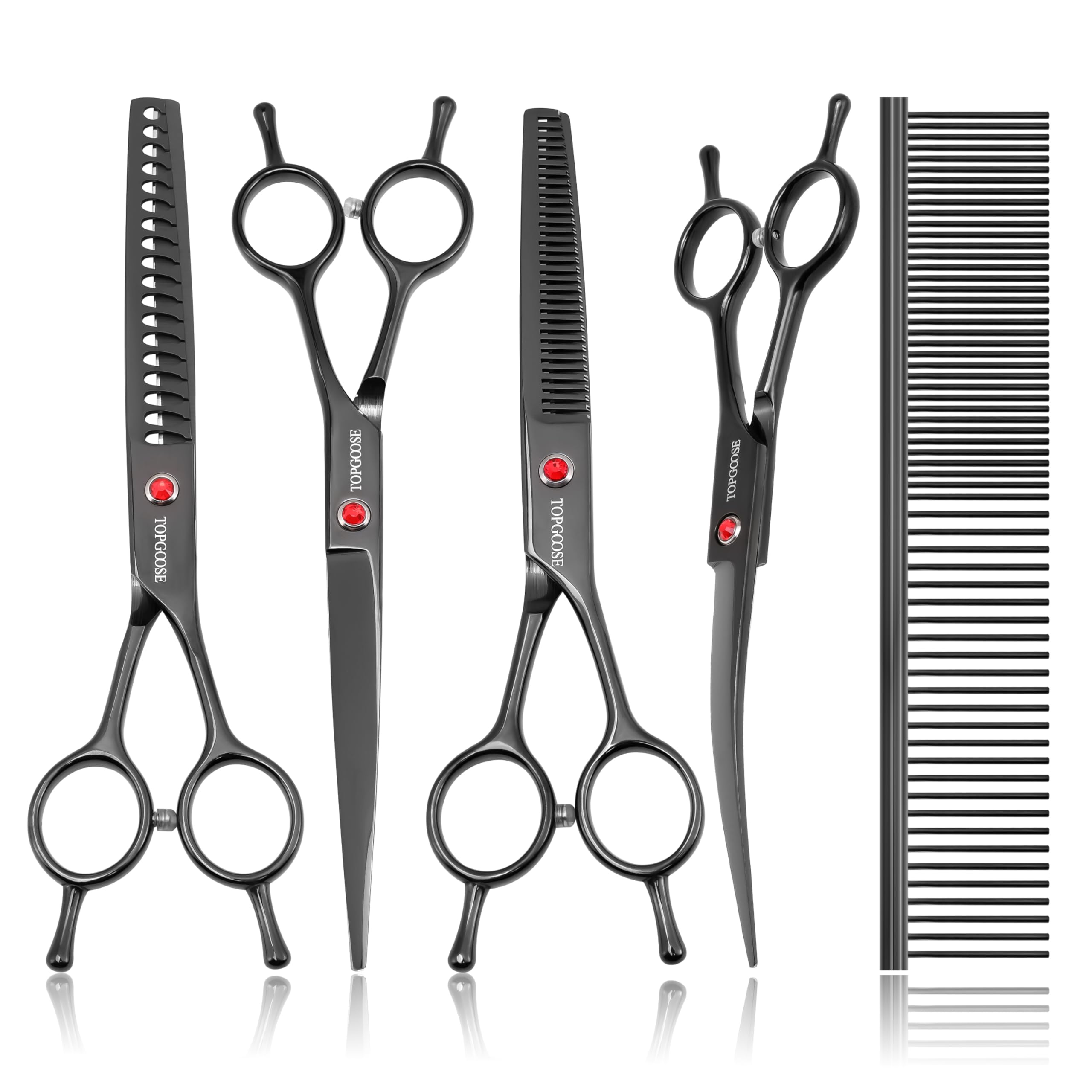 TOPGOOSE Dog Grooming Scissors Kit, Professional 6 in 1 Pet Scissors Sharp Shears Set - Straight, Thinning, Chunker, Curved Shears and Comb for Long Short Hair for Dog Cat (Set, Black)
