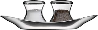 WMF Wagenfeld Streuer Set, Max und Moritz 3-teilig, mit Teller Salzsteuer Pfefferstreuer Glas, Cromargan Edelstahl mattiert spülmaschinengeeignet, H 6 cm