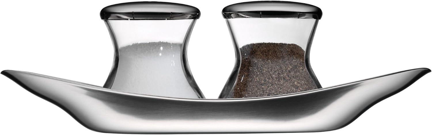 WMF Wagenfeld Streuer Set, Max und Moritz 3-teilig, mit Teller Salzsteuer Pfefferstreuer Glas, Cromargan Edelstahl mattiert spülmaschinengeeignet, H 6 cm