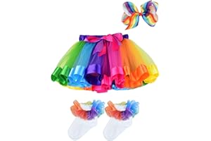 BGFKS Girls Layered Tulle Rainbow Tutu Skirt Sets,Toddler Girl Skirt with Linging,Hairbow and Socks.