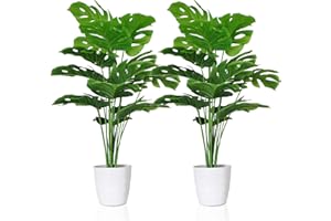 SAJANDAS Set of 2 Artificial Monstera Deliciosa Plants in Plastic Pots, Fake Tropical Palm Tree with Greenery Leaves Stems, 2