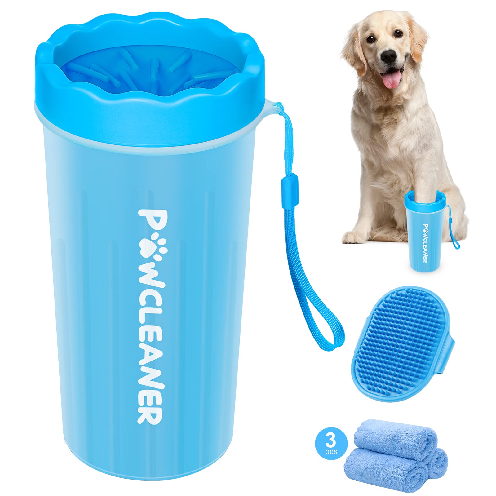 Photo 1 of Comotech Dog Paw Cleaner with Bath Brush & Absorbent Towels - Adjustable Ring Handle for Long and Short-Haired Dogs (Large, Blue)