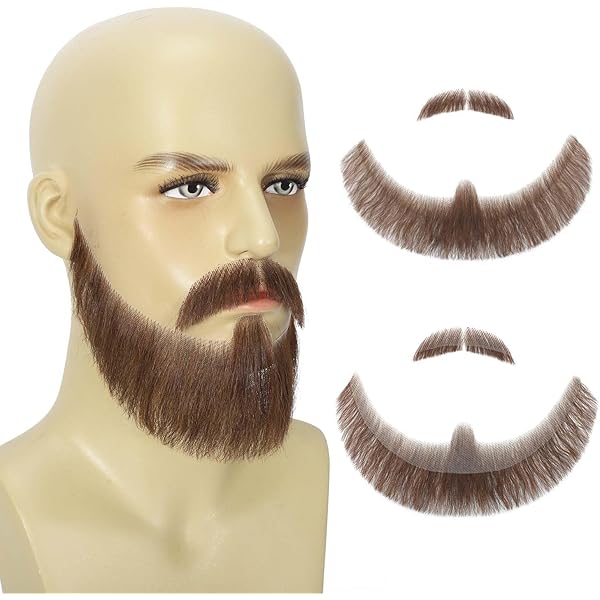 thumbnail image 2 of Fake Mustache, Natural Looking Human Hair Fake Beard, Handmade With Invisible Lace Fake Facial Hair For Entertainment/Drama/Halloween/Funny Cosplay (Brown Fake Mustache 2 of 14