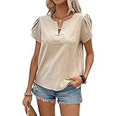 Falechay Women's Summer Tops Petal Short Sleeve V Neck Blouses Dressy Casual Fitted Cute Solid Shirts 2025
