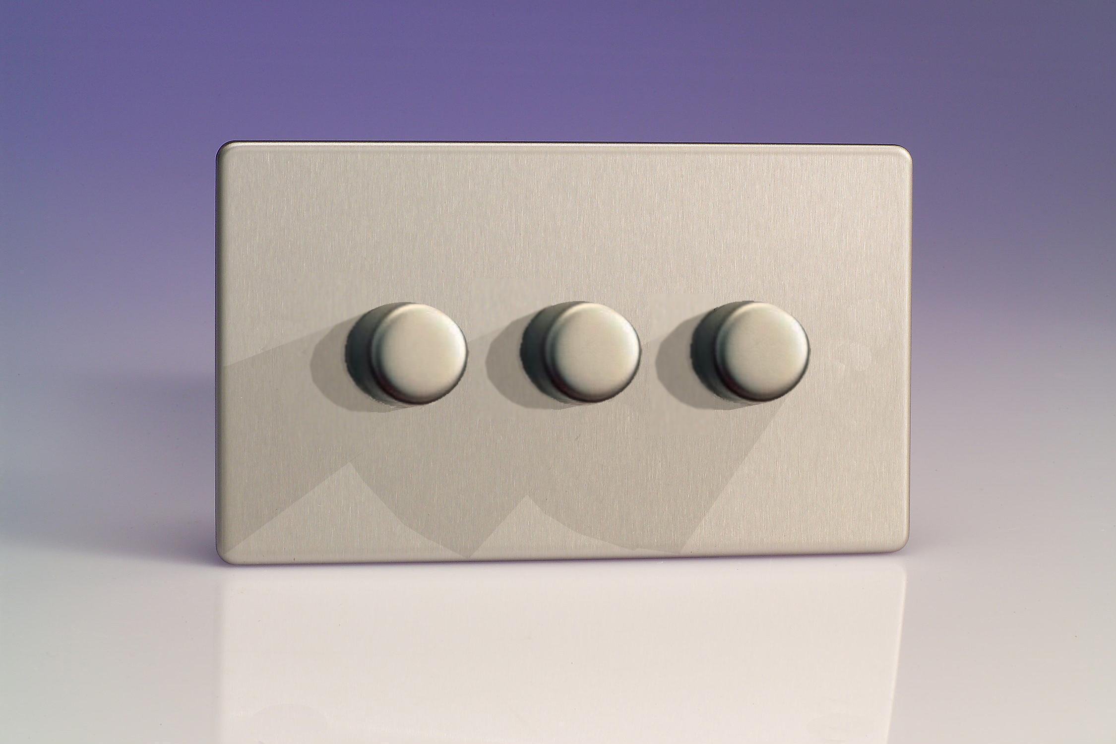 JDSDP303S; Energy Saving Dimmerswitch, Trailing Edge Dimmer Switch, Suitable for all dimmable loads, Brushed Steel, max load 3x300W