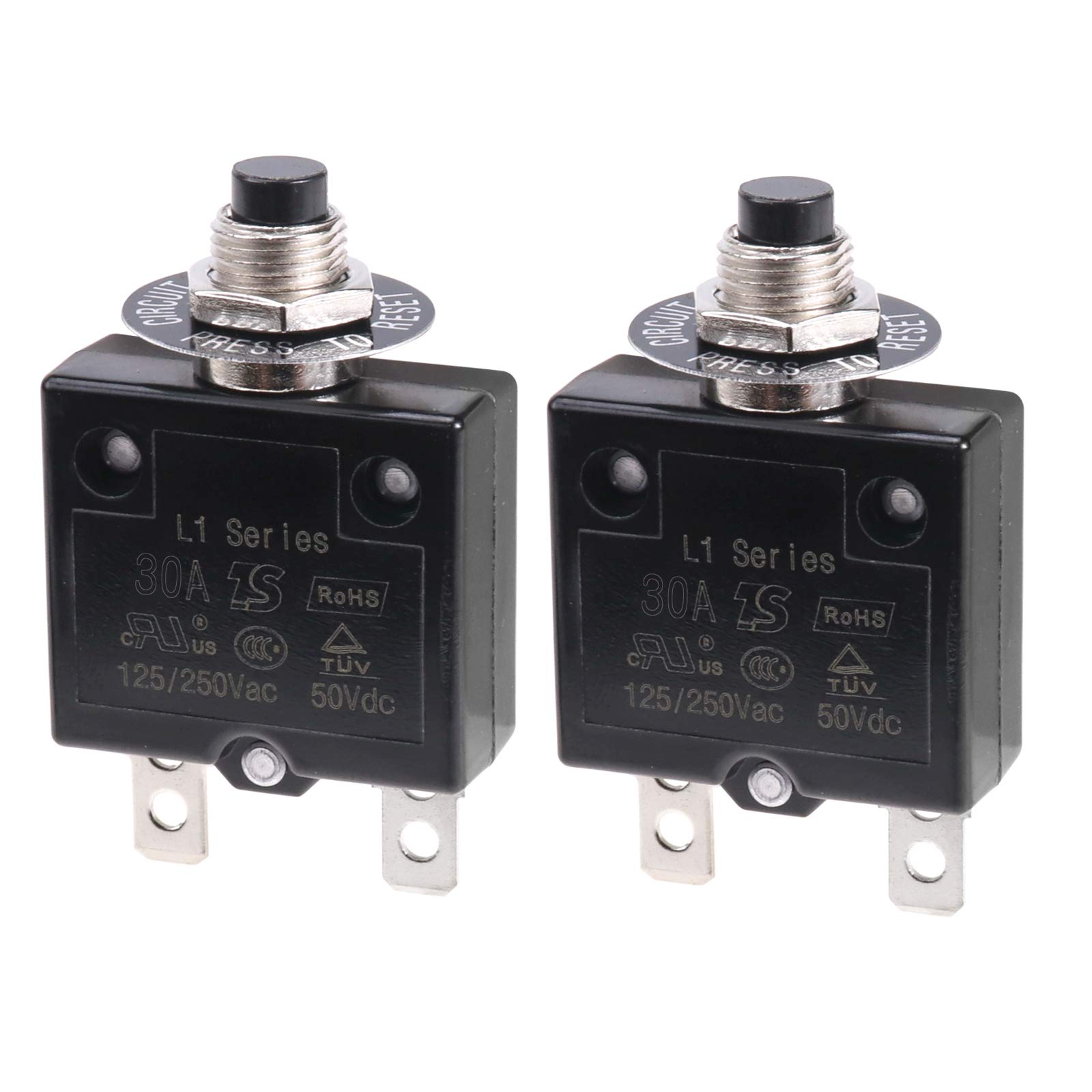 RKURCK 125-250V AC 50V DC Push Button Circuit Breaker 30 Amps Thermal Overload Protector L1 Series Manual Reset Thermal Circuit Breaker 30A 2 Pcs