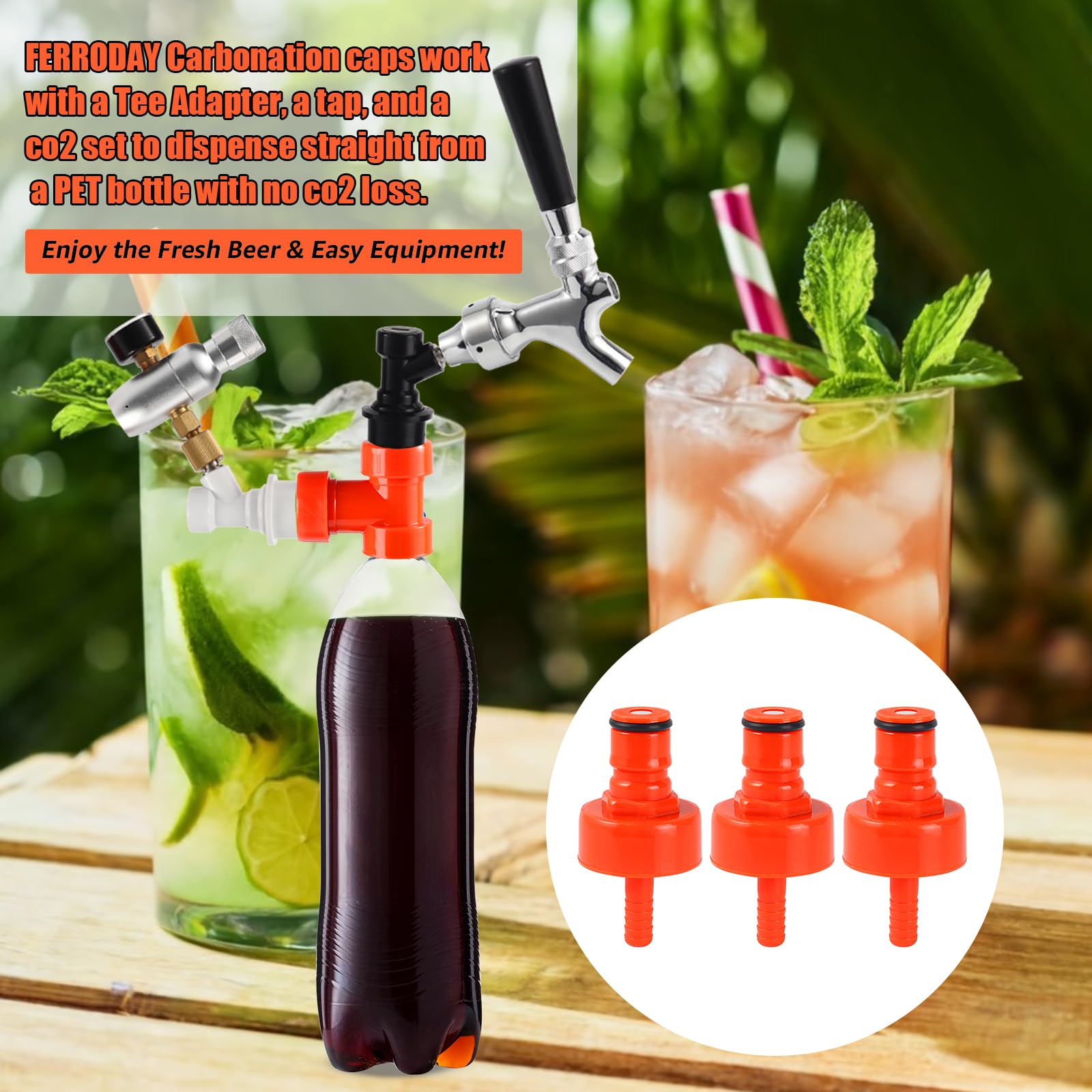 FERRODAY 3 Pack Carbonation Cap Forced Carbonation with PET Bottle 5/16 Barb CO2 Coupling to Carbonate Soda Beer Water PET Bottle Filling Carbonation Cap with No Fall Off Flat Gasket & Thick O-ring