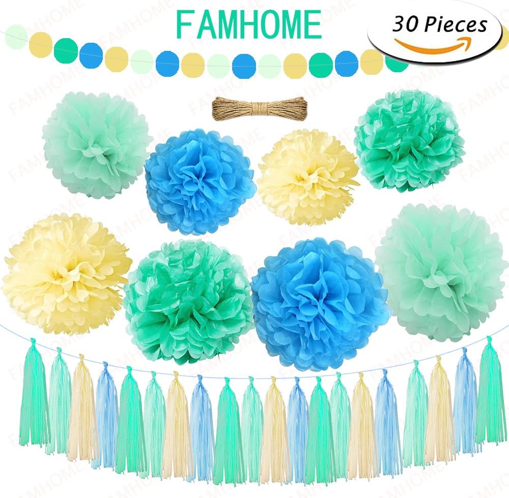 Famhome 30 Pcs Tissue Pom Poms Craft Paper Flowers Circle paper garland Paper tassels garland Wedding Party Birthday Decor (Group-2)