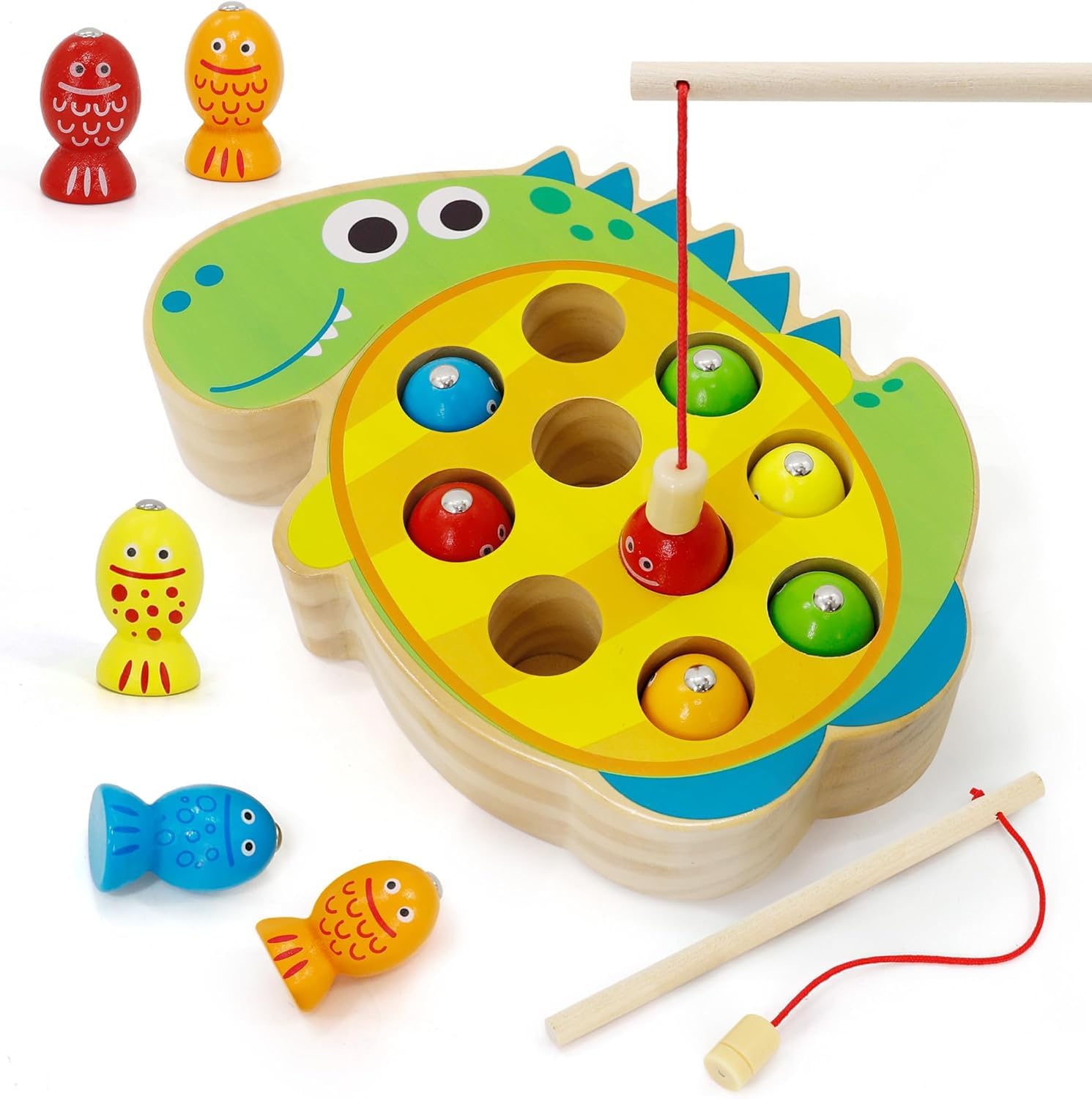 Jolitac Wooden Magnetic Fishing Game, Dinosaur Magnetic Fishing Toy for Kids 3-5, Montessori Preschool Education Learning Color Sorting Fine Motor Skill for Toddlers