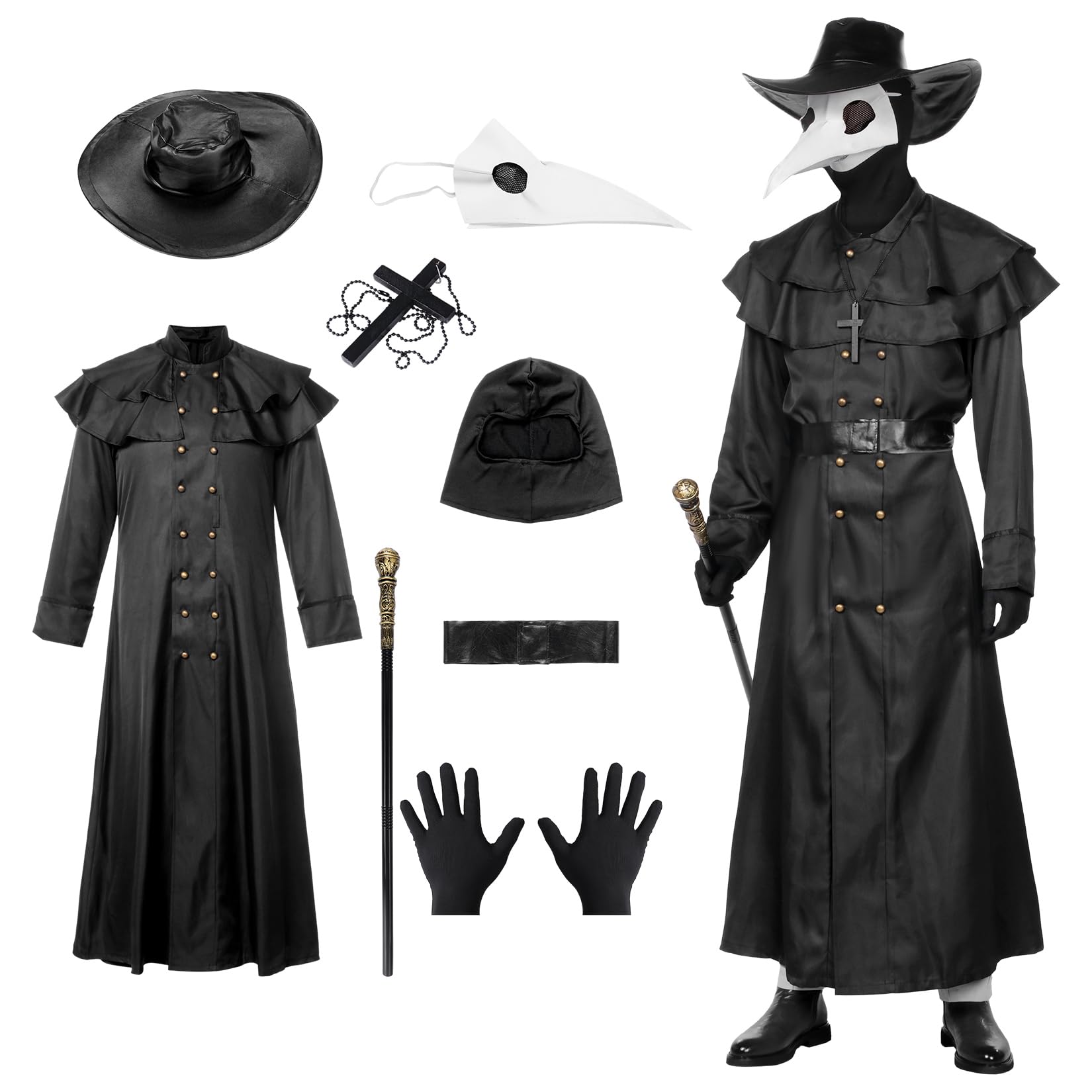 Angenster Plague Doctor Costume - Robe, Mask, Scepter, Gloves, Necklace, Belt Pouch - Steampunk Fancy Dress for Adults (Female, L)