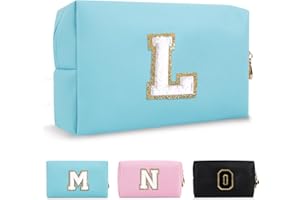 CHAOGREAT Small Personalized Initial A-Z Preppy Patch Makeup Bag,PU Chenille Letter Travel Cosmetic Pouch with Zipper,Blue Cute Toiletry Bag,Gift Ideal for Teen Girls Women Teacher Bridesmaid,Letter L