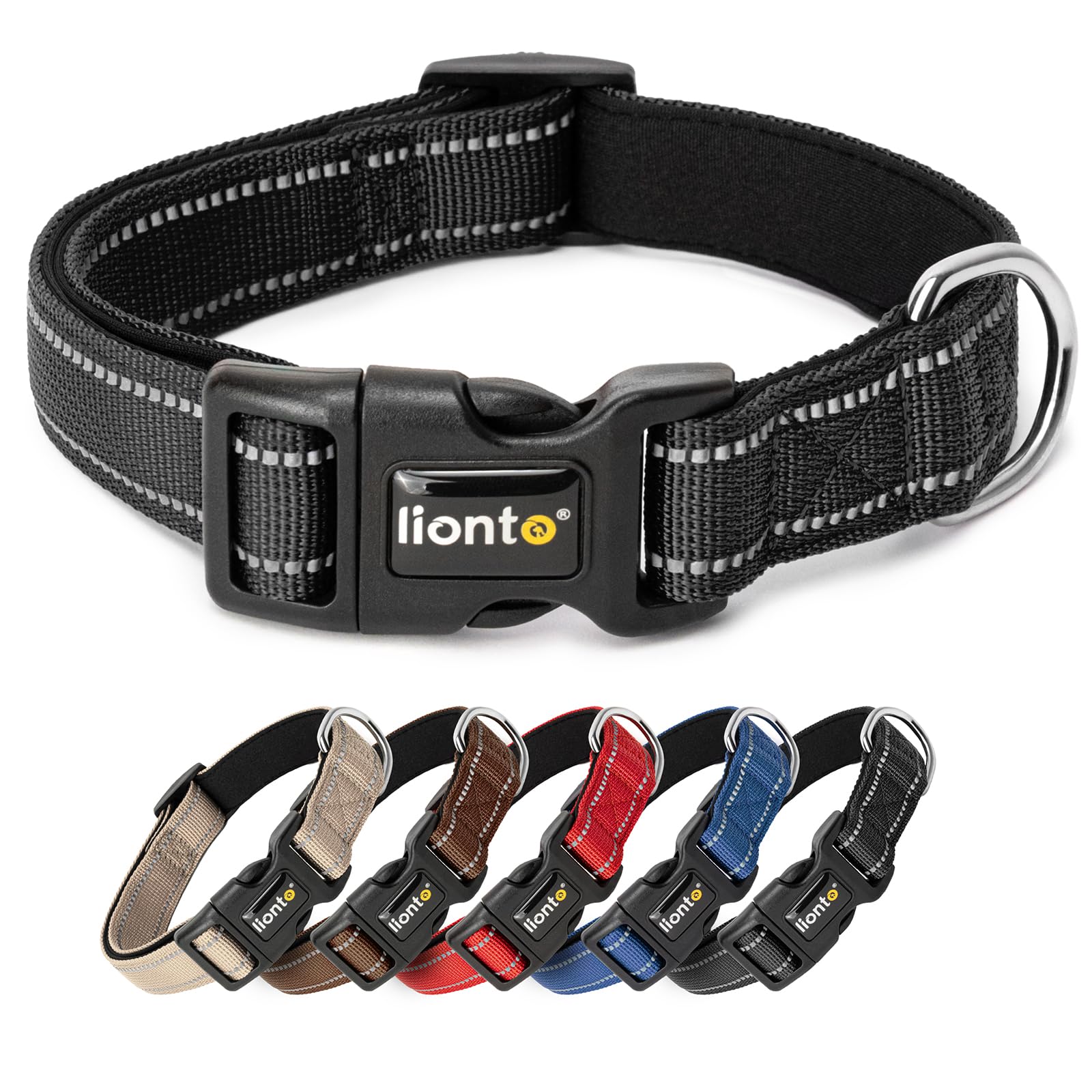 lionto Dog collar made of durable nylon, size XL, soft padded collar for dogs, 360° reflective & click fastener, metal ring & adjustment with stepless slider, black