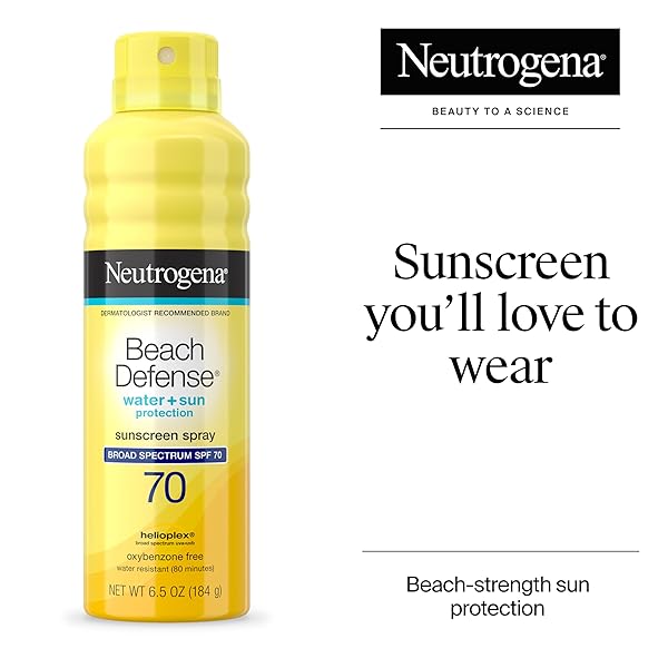 NEUTROGENA BEACH DEFENSE SUNSCREEN SPRAY BROAD SPECTRUM SPF 70, 6.5 OZ, WATER RESISTANT, FAST ABSORBING, OXYBENZONE FREE, LIGHTWEIGHT SUN PROTECTION, FACE AND BODY SUNSCREEN