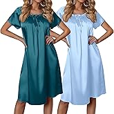 Ekouaer Satin Nightgowns for Women 2 Pack Silk Nightgown Pleated Loose Night Shirts Short Sleeve Sleep Shirts