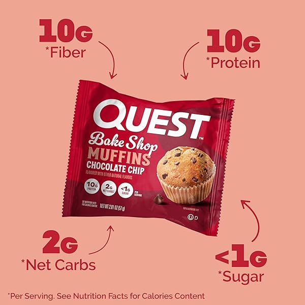QUEST NUTRITION CHOCOLATE CHIP MUFFIN, 10G PROTEIN, 2G NET CARB, LESS THAN 1G SUGAR, 8 COUNT