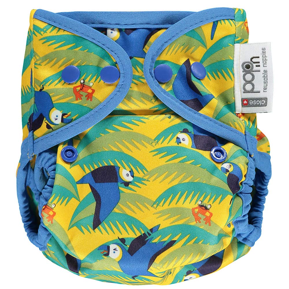 Close Pop-in Single Eco-Friendly Reusable Cloth Nappies Birth to Potty Nappy Bamboo Popper Fastening and Stretchy Tabs Parrot Printed Colour