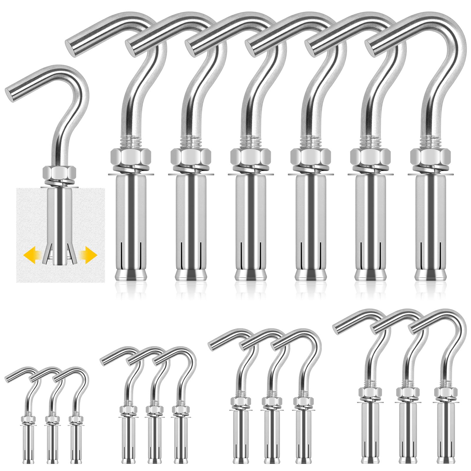 GLARKS 6pcs M10 Expansion Hook Set, 304 Stainless Steel Open Cup Hook Screw, Heavy Duty Concrete Hook, Expansion Screw in Hooks, Concrete Wall Hook for Concrete Brick Stone Ceiling Hanging
