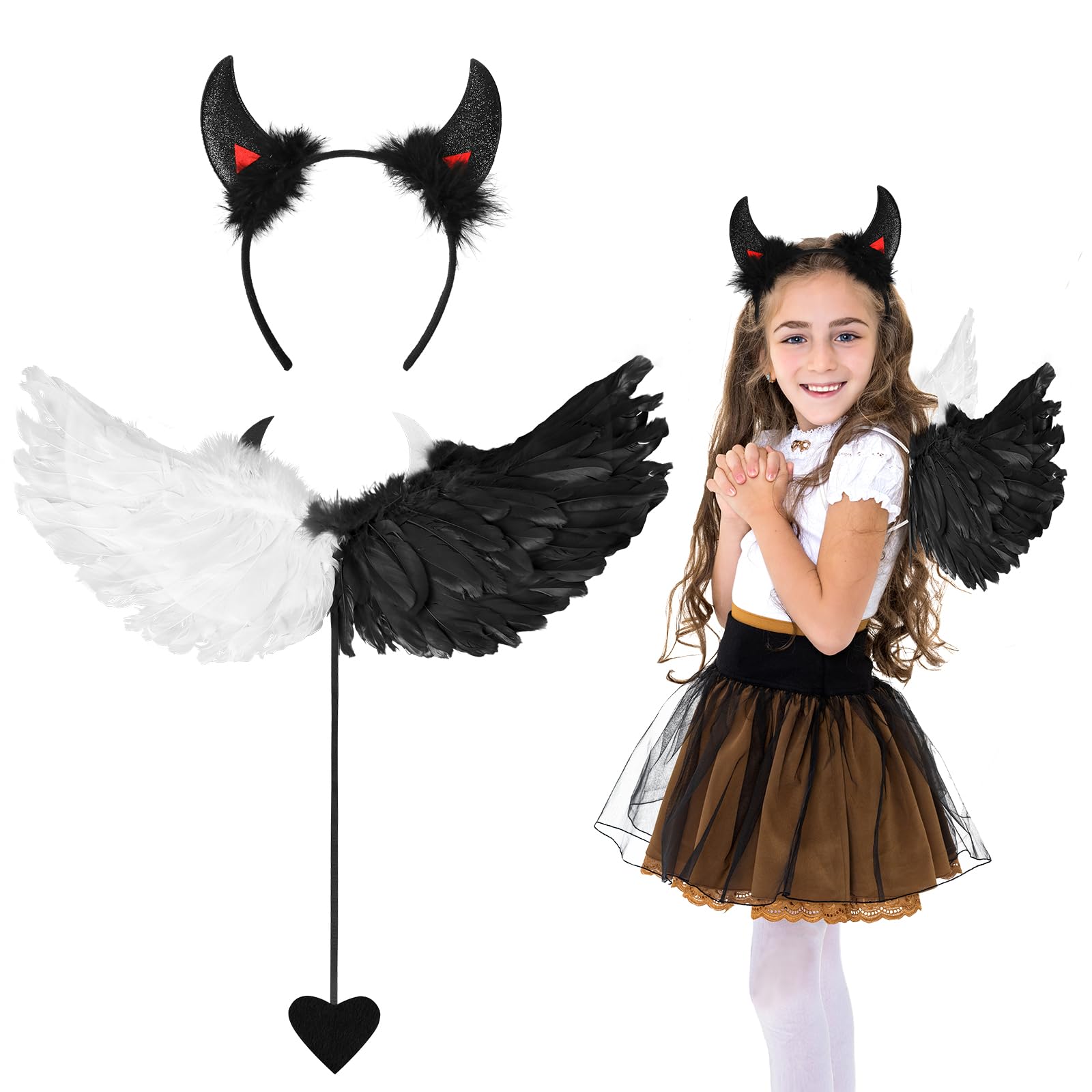 HONMOK 2 Piece Kids Angel Devil Wings Costume, Black White Feather Wings & Devil Horns Headband, Fallen Dark Angel Fancy Dress Accessory for 3-12y Girls Halloween Costume