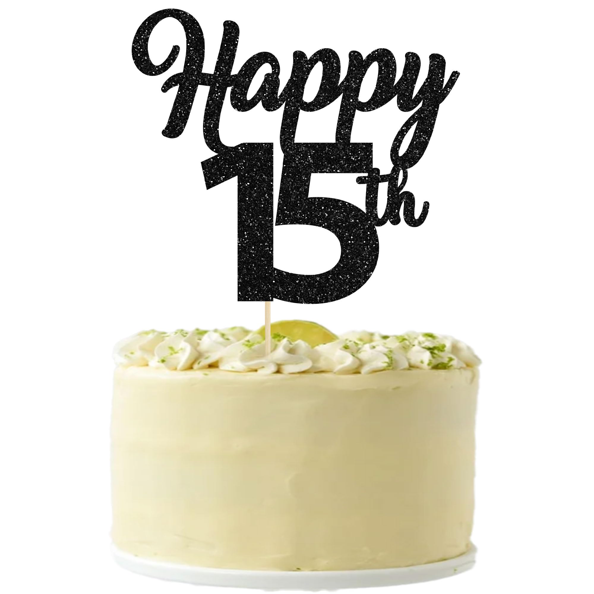 3Pcs Happy 15th Cake Toppers Black Glitter Number 15 Cake Decorations Fifteen 15th Birthday Cake Pick Decorations for Cheers to 15 Years Old 15th Birthday Wedding Anniversary Party Supplies