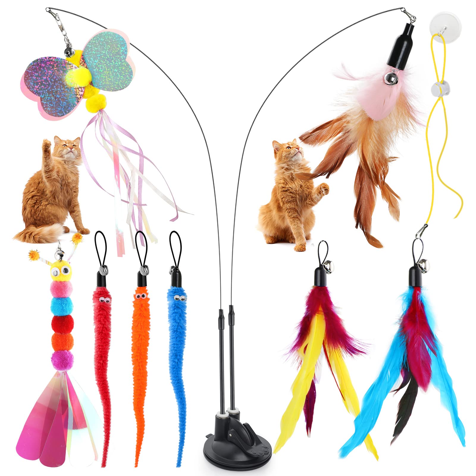 Bigqin Cat Feather Toys 12 Pcs Interactive Cat Toys, 8 Toys with Bells, 2 Cat Teaser Wand,1 Dual Head Removable Super Suction Cup, 1 Sticky Door Lanyard, Funny Kitten Training Toys Indoor Outdoor