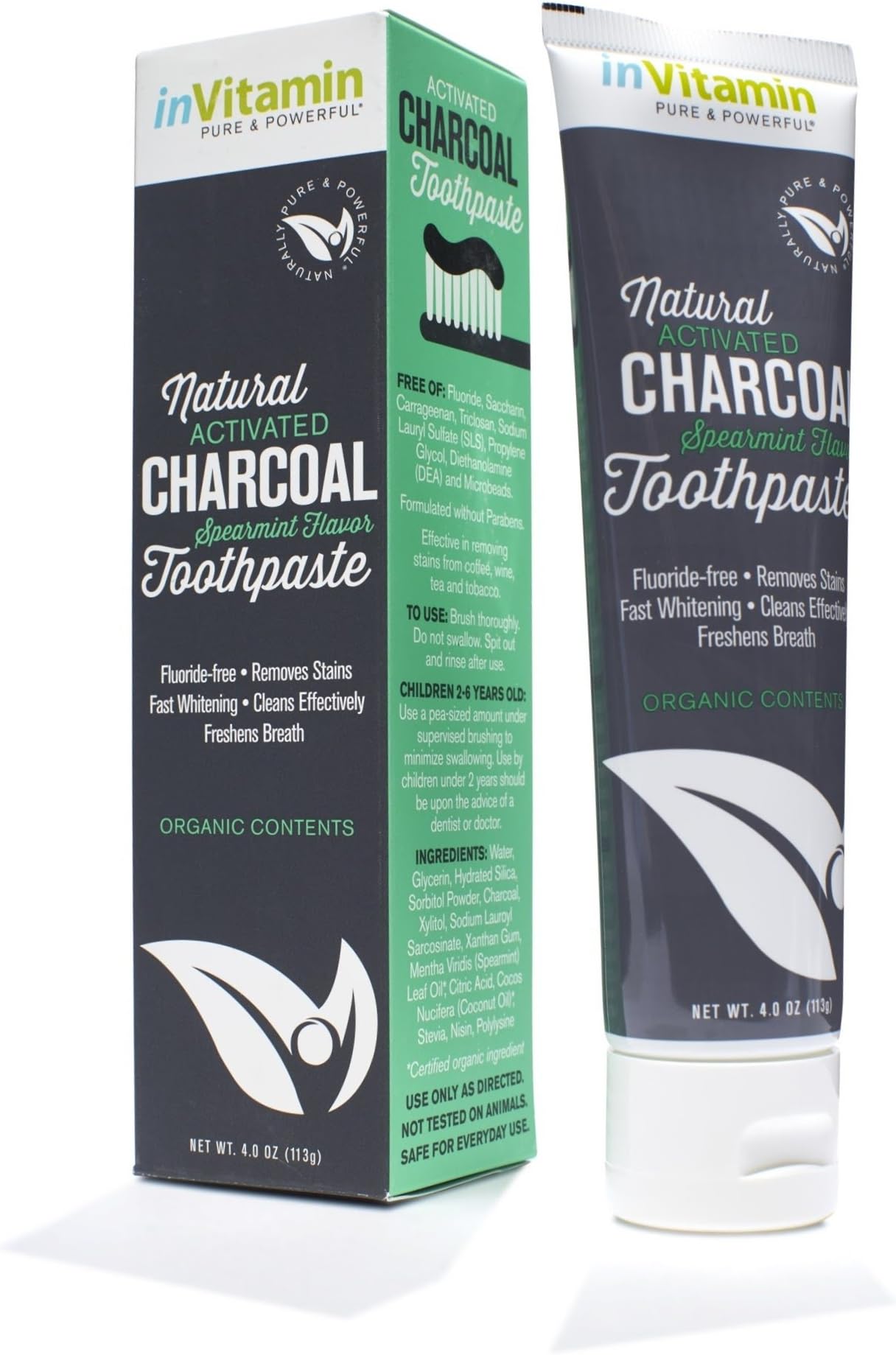 Whitening Toothpaste with Activated Charcoal for Teeth and Gums (Refreshing Spearmint) - Safe on Enamel, Detoxifying, Plant-based and Cruelty Free