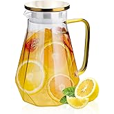 YTDTKJ Diamond Glass Pitcher 68 oz, 2 L Glass Water Jug with handle & Gold Lid, Hot & Cold Water Carafe, Hot & Cold Beverage Jug for Juice, Tea, Milk (Transparent)
