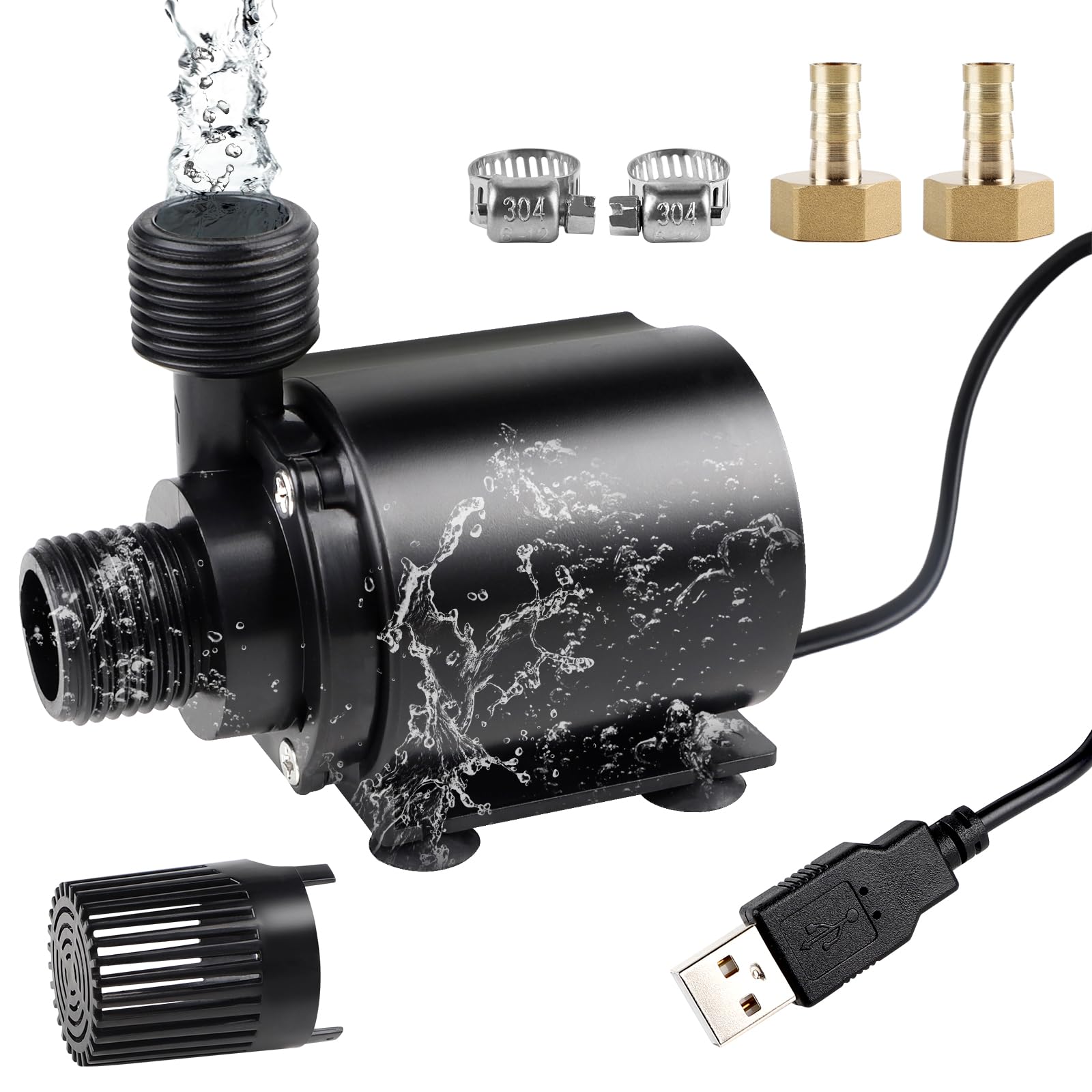 EXLECO USB Aquarium Fish Tank Pump 500L/H 4W Submersible Mini Water Pump Small Fountain Filter Pump Ultra Quiet with 1.8 m Cable 2 Brass Nozzle