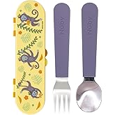 Nuby Stainless Steel Toddler Utensils with Travel Case - Self-Feeding Fork & Spoon Set for Kids - Easy-to-Hold Training Utensils - Rounded Safe Edges for Self-Feeding - Monkeys
